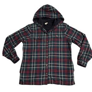 LL Bean Womens Jacket M Blue Tartan Plaid Fleece Lined Flannel Hoodie Shacket